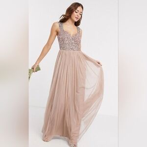 NWT Maya Deluxe Bridesmaid Dress Sequin Embellished Taupe Blush Tulle